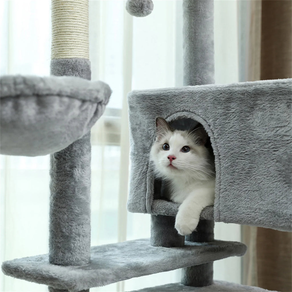 56" Cat Tree for Indoor Cats Cat Condos for Adult Cats with Padded Plush Perch and Cozy Basket Cat Tower for Large Cats , Gray